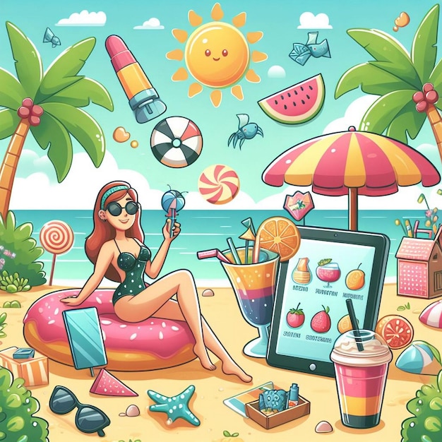 Escena de verano de estilo de vida con diseño de dibujos animados