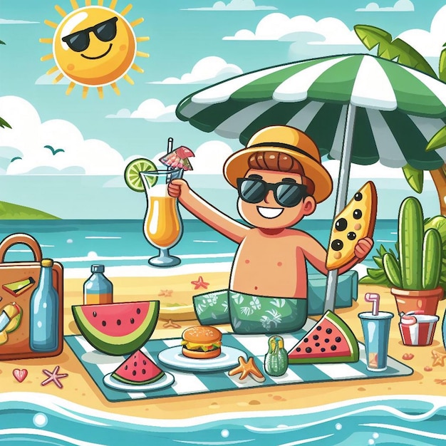 Foto escena de verano de estilo de vida con diseño de dibujos animados