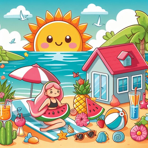 Escena de verano de estilo de vida con diseño de dibujos animados