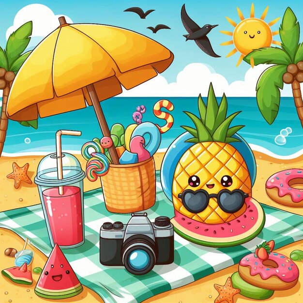 Escena de verano de estilo de vida con diseño de dibujos animados