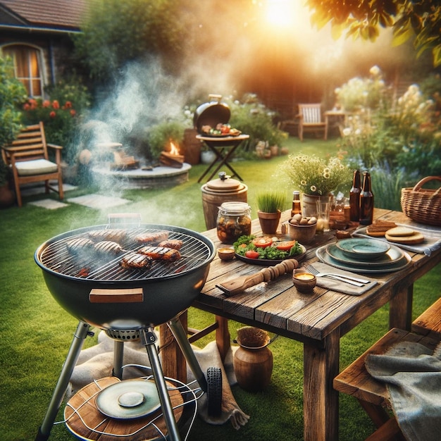 Una escena de verano en un jardín del patio trasero con una parrilla de barbacoa y una mesa de picnic de madera