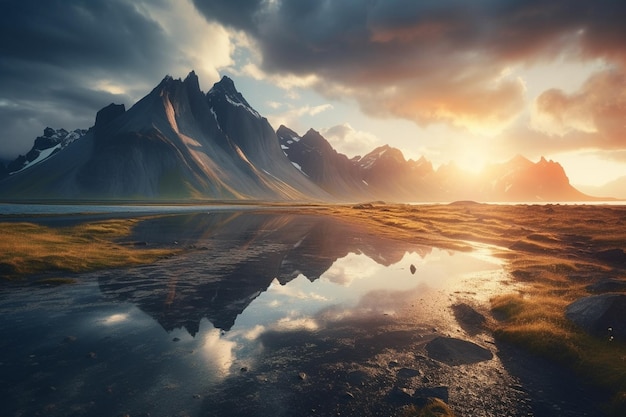 Escena de verano majestuosa de la punta de Stokksnes con fondo de Vestrahorn