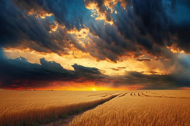 Escena de verano de una puesta de sol o amanecer en un campo con trigo o centeno joven y un cielo nublado en el paisaje de fondo