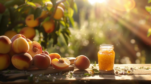 Escena de verano soleada con melocotones frescos y mermelada casera en una mesa rústica al aire libre