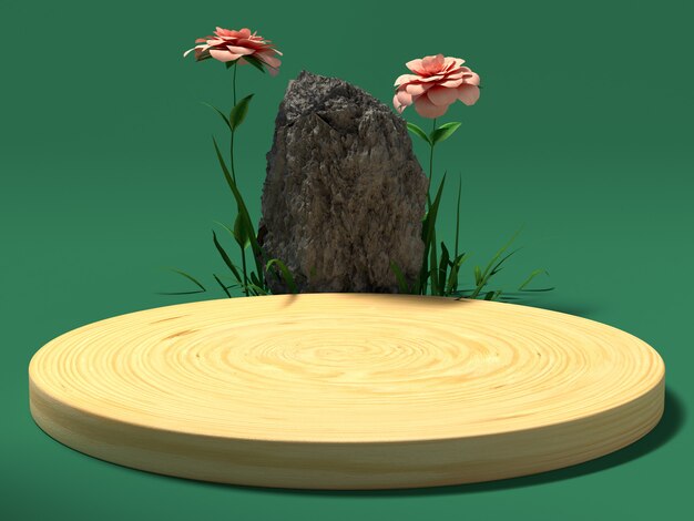 Escena verde de madera natural y configuración de piedra representación 3D