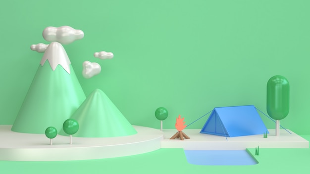 Escena verde montaña geométrica estilo de dibujos animados mínima representación 3d