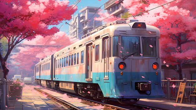 La escena en las vías del tren y los cerezos en flor estilo studio ghibli