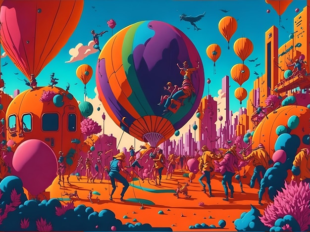Una escena vibrante y colorida de personas jugando en un mundo virtual de infinitas posibilidades.