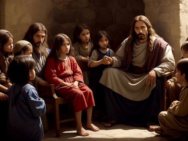Escena de la vida de Jesucristo Jesucristo sentado en una silla Jesucristo al lado de poco