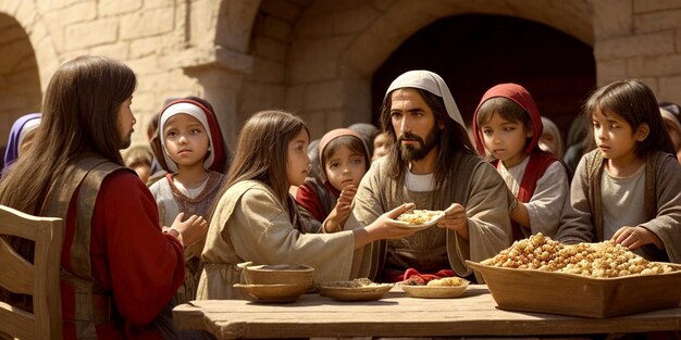 Escena de la vida de Jesucristo Jesucristo sentado en una silla Jesucristo distribuyendo comida