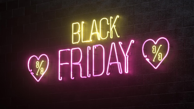 Escena del Viernes Negro para la promoción de la venta de productos con luces de neón en un fondo de pared oscuro