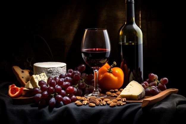 Foto escena de vino rojo junto a las uvas en un fondo oscuro