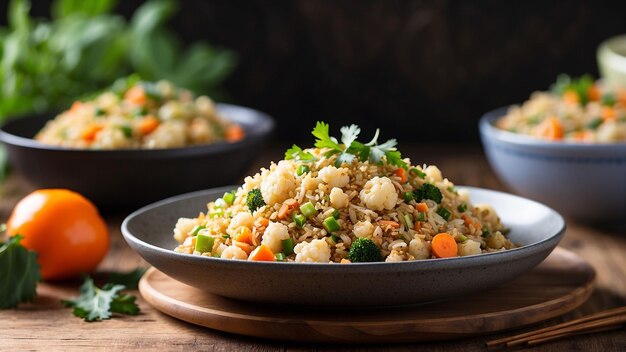 Foto una escena visualmente atractiva mostrando una porción acumulada de arroz frito de coliflor en un plato de