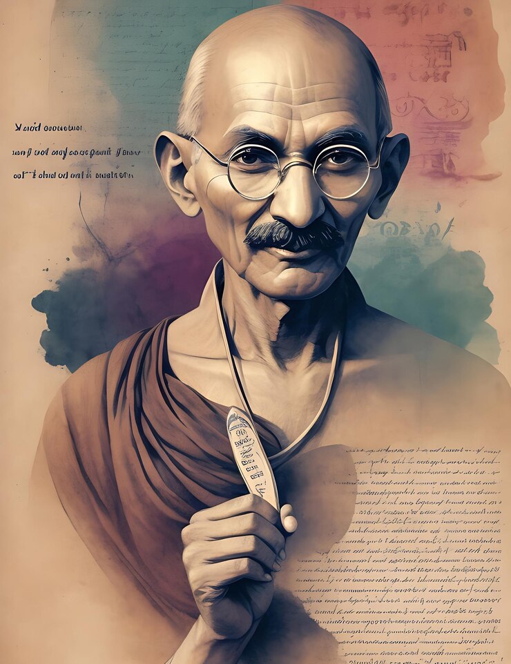 Una escena visualmente descriptiva de Mahatma Gandhi pronunciando un poderoso discurso.