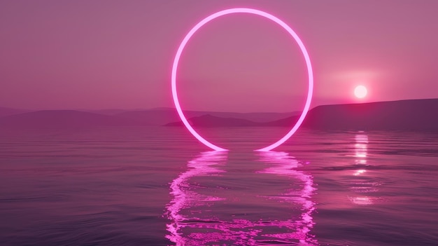 Escena de vitrina en blanco minimalista futurista para la presentación de productos con fondo geométrico abstracto marco redondo de neón de anillo rosa brillante y reflejo en el agua