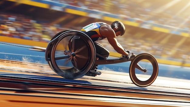 Una escena vívida que captura a un atleta paralímpico en movimiento compitiendo en silla de ruedas con velocidad y determinación inigualables en la pista.