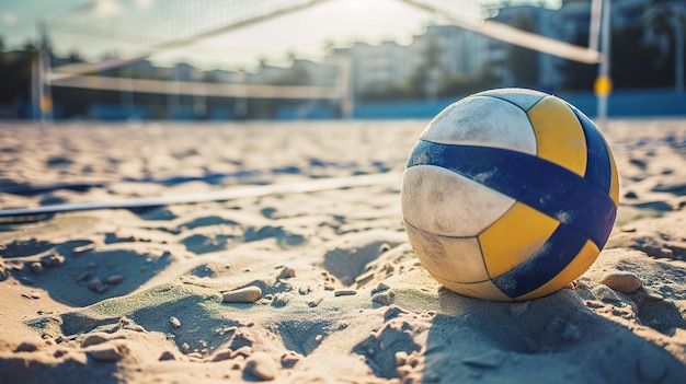 Escena de voleibol de playa bolas de red y deporte profesional en la cancha de arena