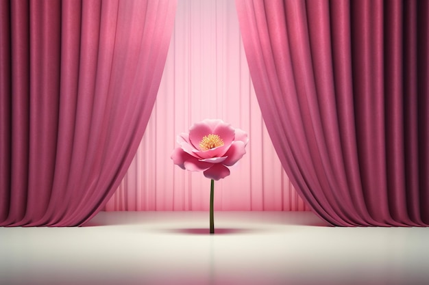 Foto un escenario 3d con una cortina rosa y una flor rosa.