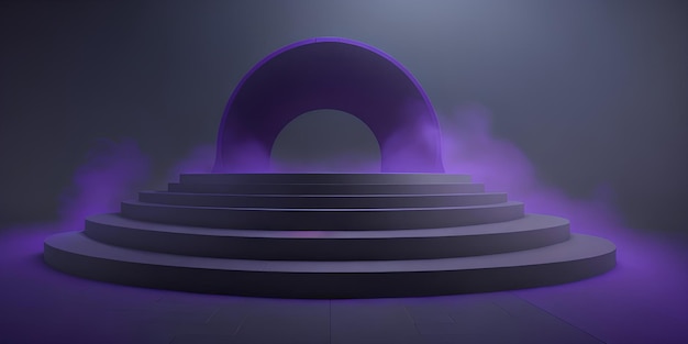 Escenario 3d con un podio de pasos para la presentación de productos que anuncian un pedestal sobre un fondo púrpura con niebla y neblina ai generativa