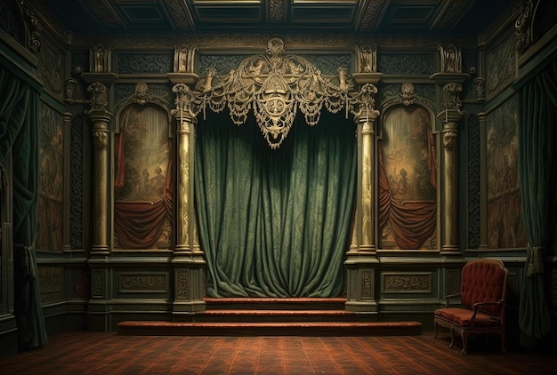 un escenario adornado y una cortina al estilo de detalles hiperrealistas