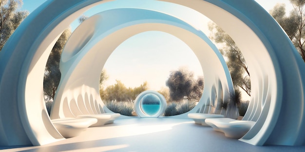 Un escenario al aire libre moderno y artístico con un arco al fondo