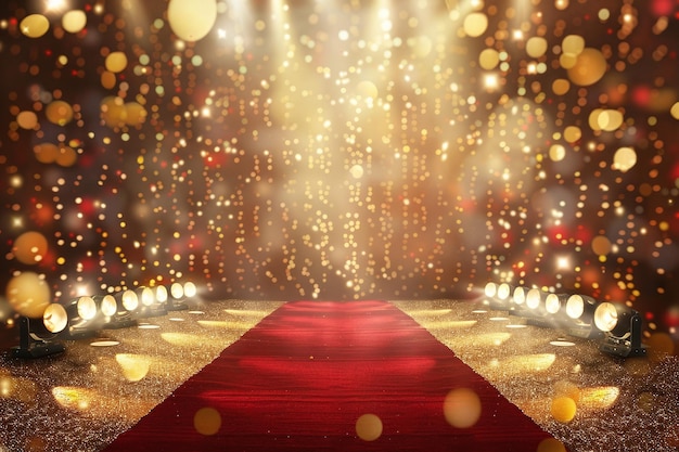 un escenario con una alfombra roja y una alfombra Roja con luces en ella