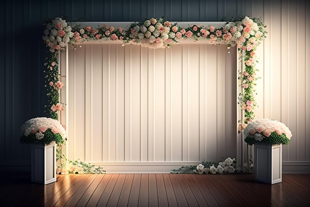 Un escenario con un arco floral y flores.