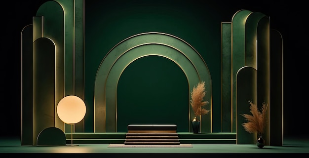 un escenario con un arco y linternas de papel y una linterna china al estilo de esmeralda y bronce