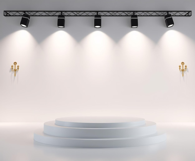 Escenario blanco con focos y candelabros dorados