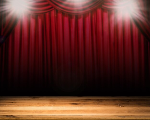Foto escenario en blanco con luz de flash brillante y fondo de cortina roja