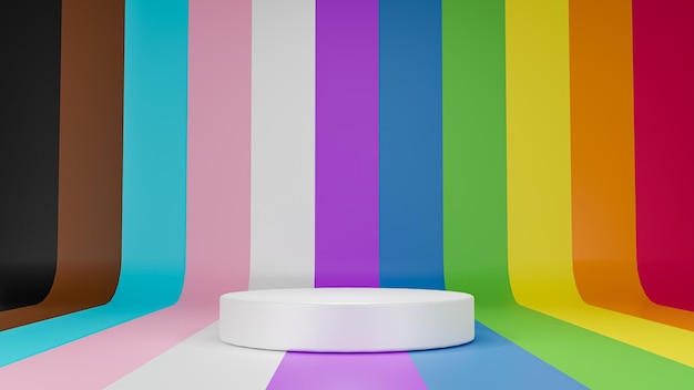 Escenario blanco de renderizado 3D sobre fondo de color de la bandera del Orgullo
