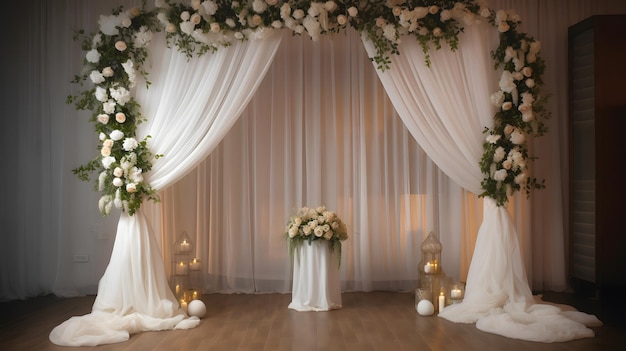 Un escenario de boda con una cortina blanca y flores.