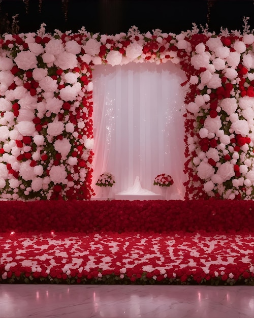 Un escenario de boda rojo y blanco decorado con flores