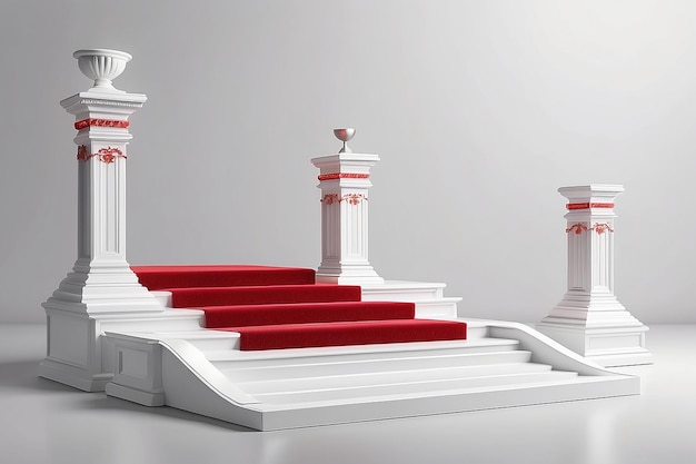El escenario para la ceremonia de premiación es un podio blanco con un pedestal de alfombra roja. Ilustración 3D
