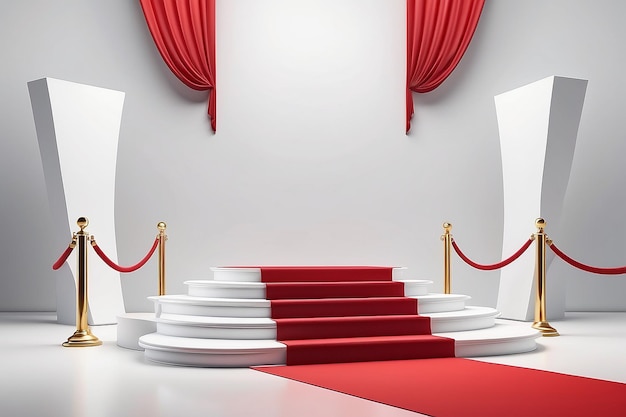 Foto el escenario para la ceremonia de premiación es un podio blanco con un pedestal de alfombra roja. ilustración 3d
