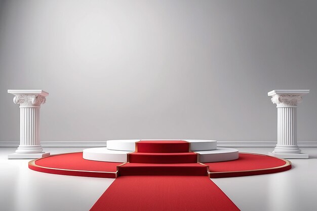 Foto el escenario para la ceremonia de premiación es un podio blanco con un pedestal de alfombra roja. ilustración 3d