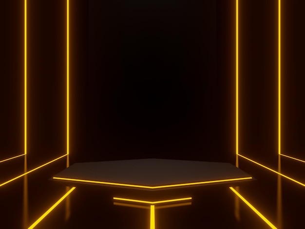 Escenario científico negro renderizado en 3D con luces de neón Podio geométrico Soporte de ciencia ficción