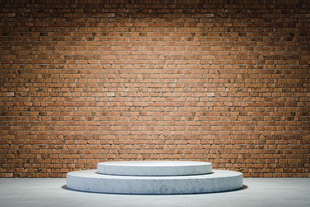 Foto escenario cilíndrico para presentación de productos con pared de ladrillos. renderizado 3d