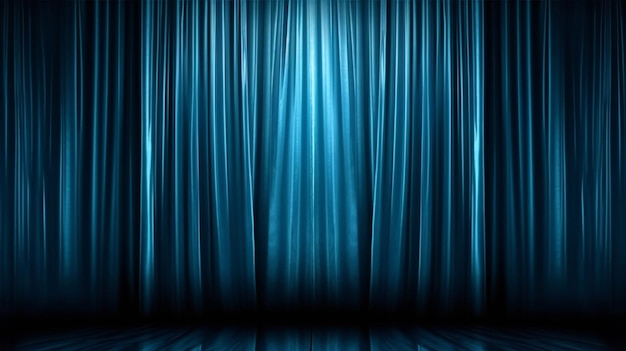 Escenario de cine o teatro con cortinas azules y focos.