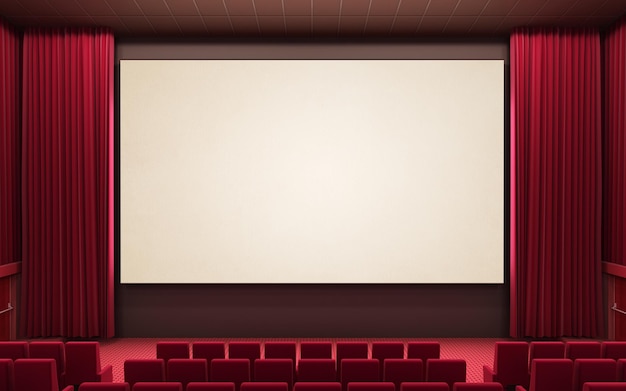 Escenario de cine render 3d (sistema de sonido, iluminación espectacular, tapizado en tela roja)