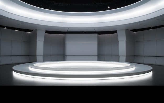 Un escenario circular blanco y limpio con iluminación por debajo y un techo lleno