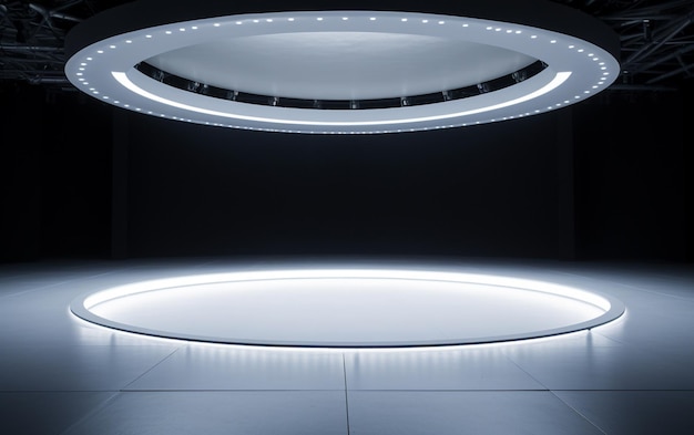 Un escenario circular blanco y limpio con iluminación por debajo y un techo lleno