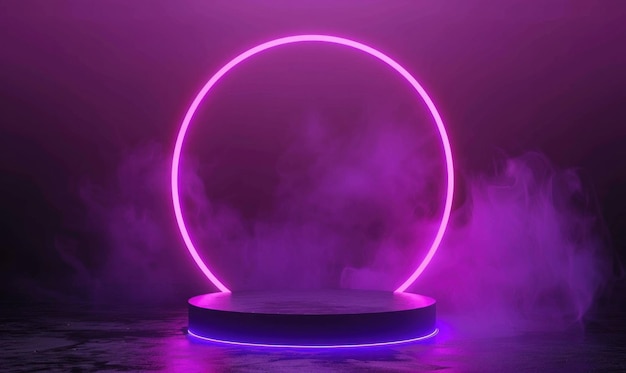 Escenario circular de neón con niebla púrpura y luces brillantes en un entorno oscuro