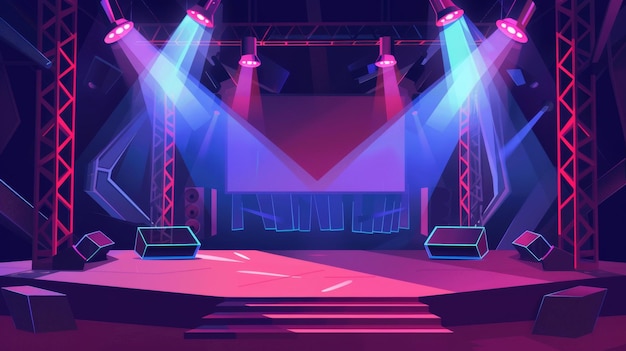 El escenario de un concierto está iluminado por focos Esta ilustración moderna ilustra el escenario de una actuación o presentación de un festival de rock