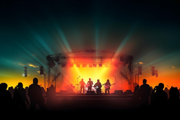 escenario de concierto en el festival de rock instrumentos musicales siluetas fondo colorido con espacio de copia