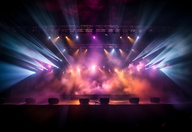 Escenario de concierto con focos Luces de colores Humo