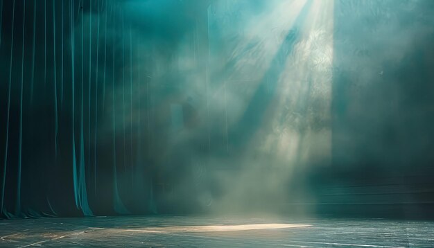 Foto un escenario con una cortina azul y un reflector brillando sobre él