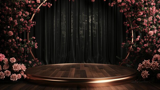 Foto un escenario con una cortina negra y flores rosas en él