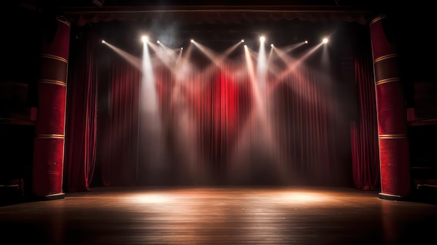 Un escenario con una cortina roja y luces