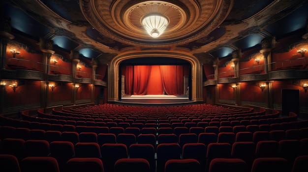 Un escenario con una cortina roja que dice "la película"